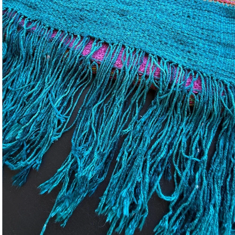 Vintage Handmade Handwoven Boho Shawl Wrap Fringe Artisan Textile Multicolor